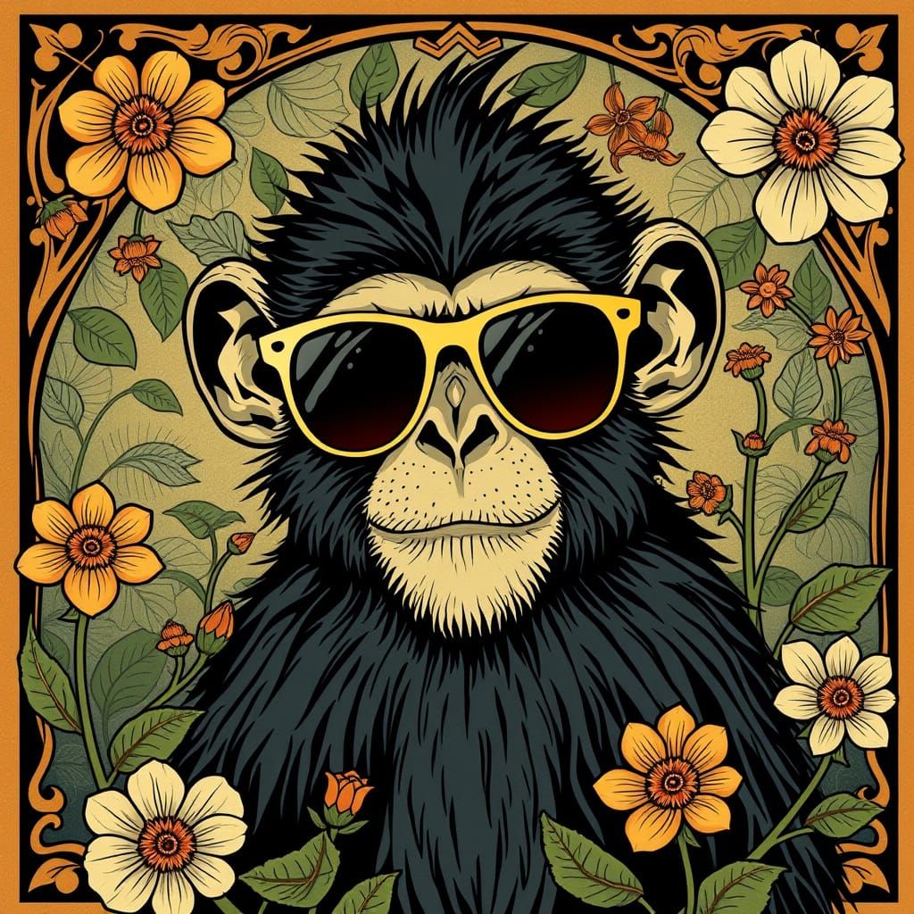 Monkey in Art Nouveau-Inspired Setting with Sunglasses