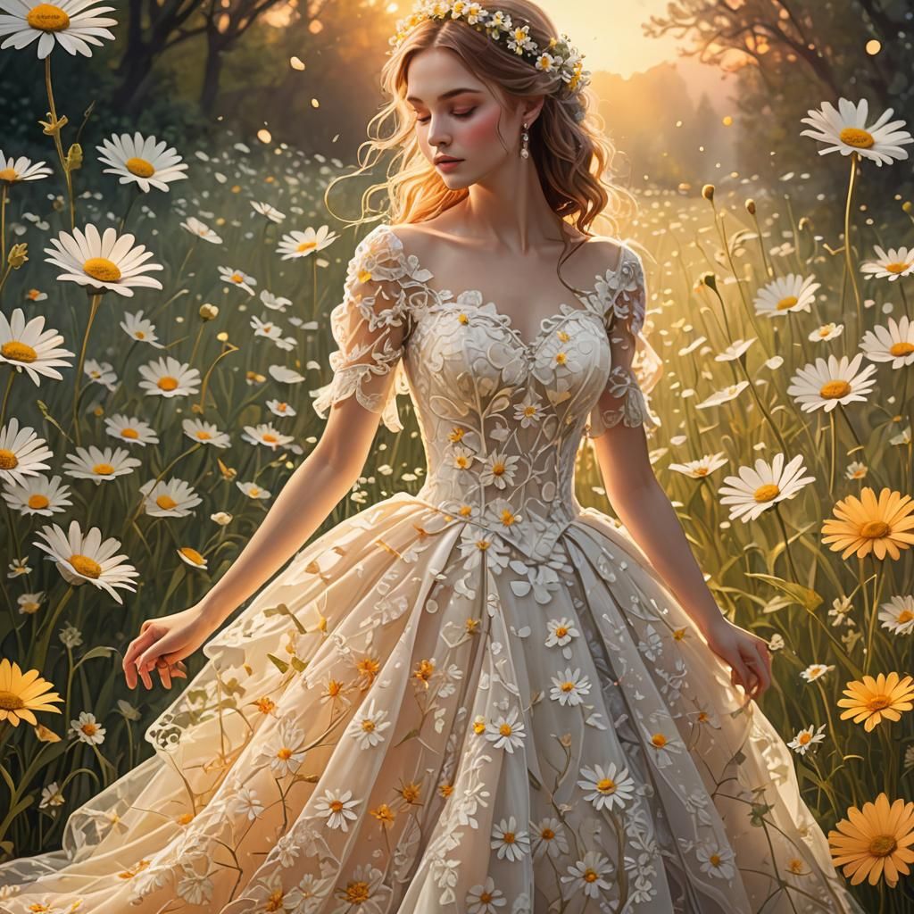 Daisy Wedding Dress in Lush Meadow: Fantasy Concept Art