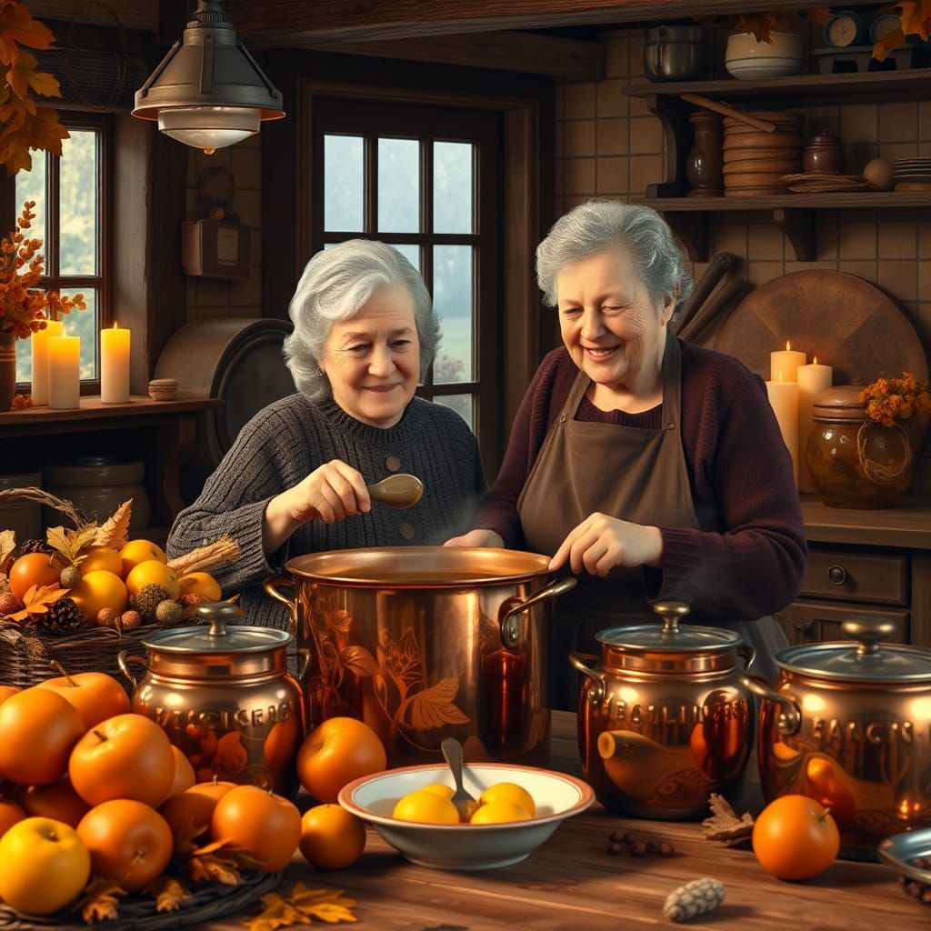 Cozy Kitchen: Grandma Making Quince Jam, Oil Painting