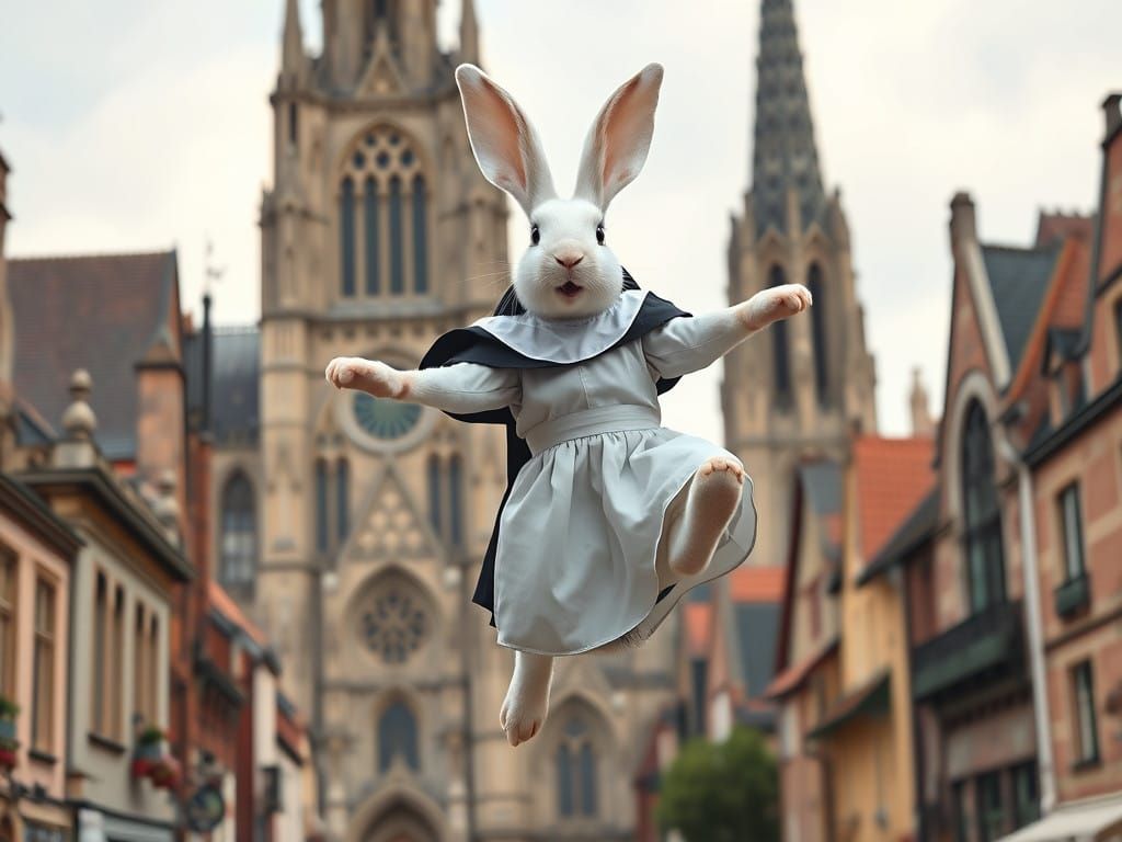 Ethereal White Rabbit Soars Through Gothic Cityscape