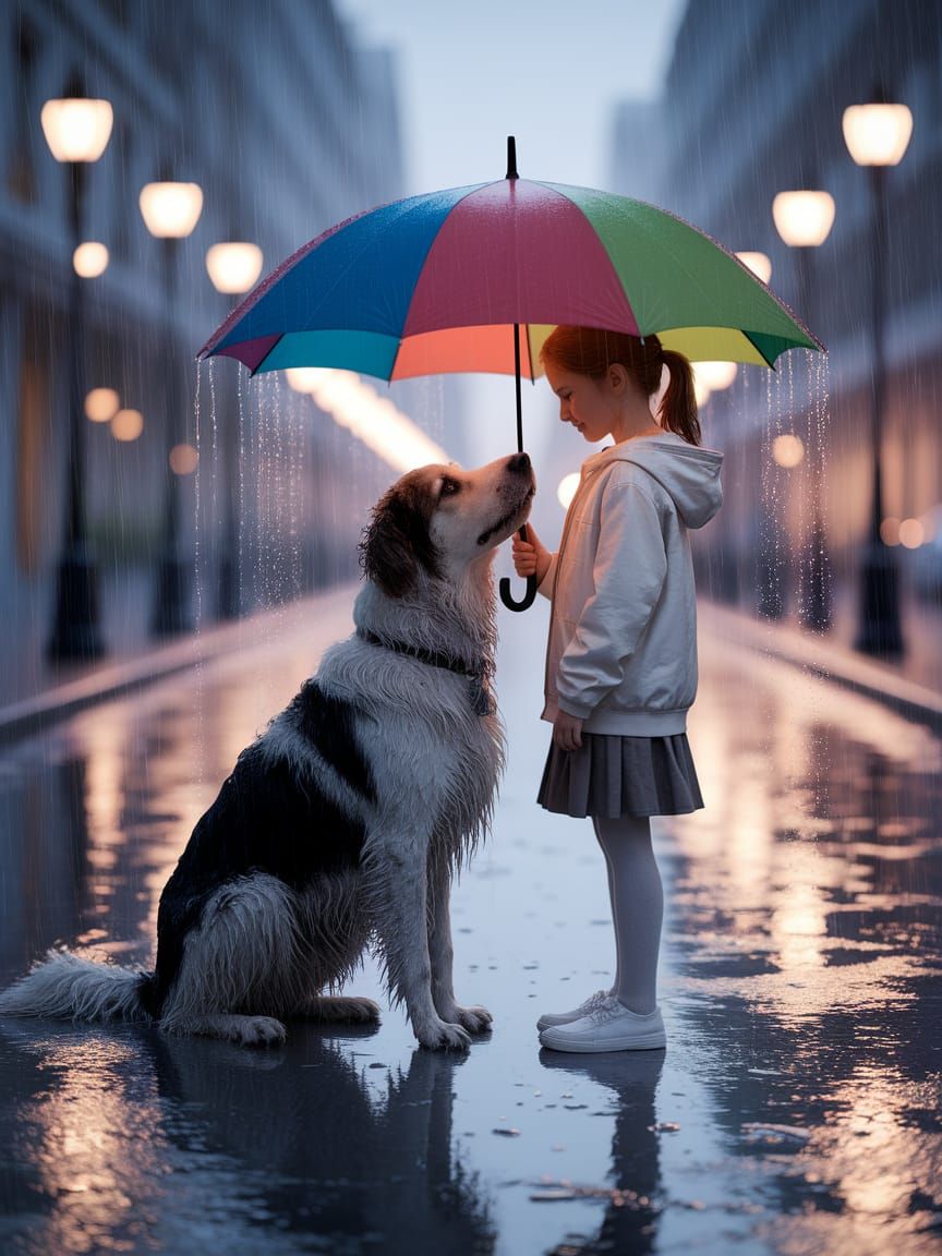Girl and Stray Dog Share Umbrella in Gentle Rain