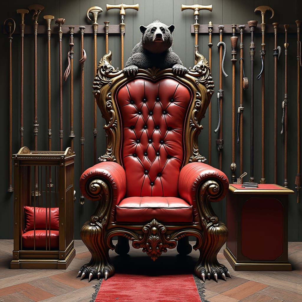 Ornate Red Wood Throne with Bear Carving