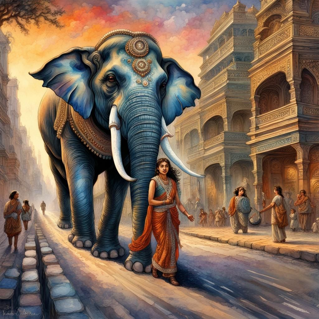Indian Woman Leads Elephant: Antique Watercolor