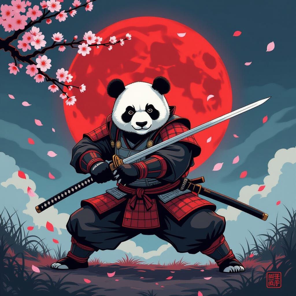 Samurai Panda vs. Warrior Under Blood Moon