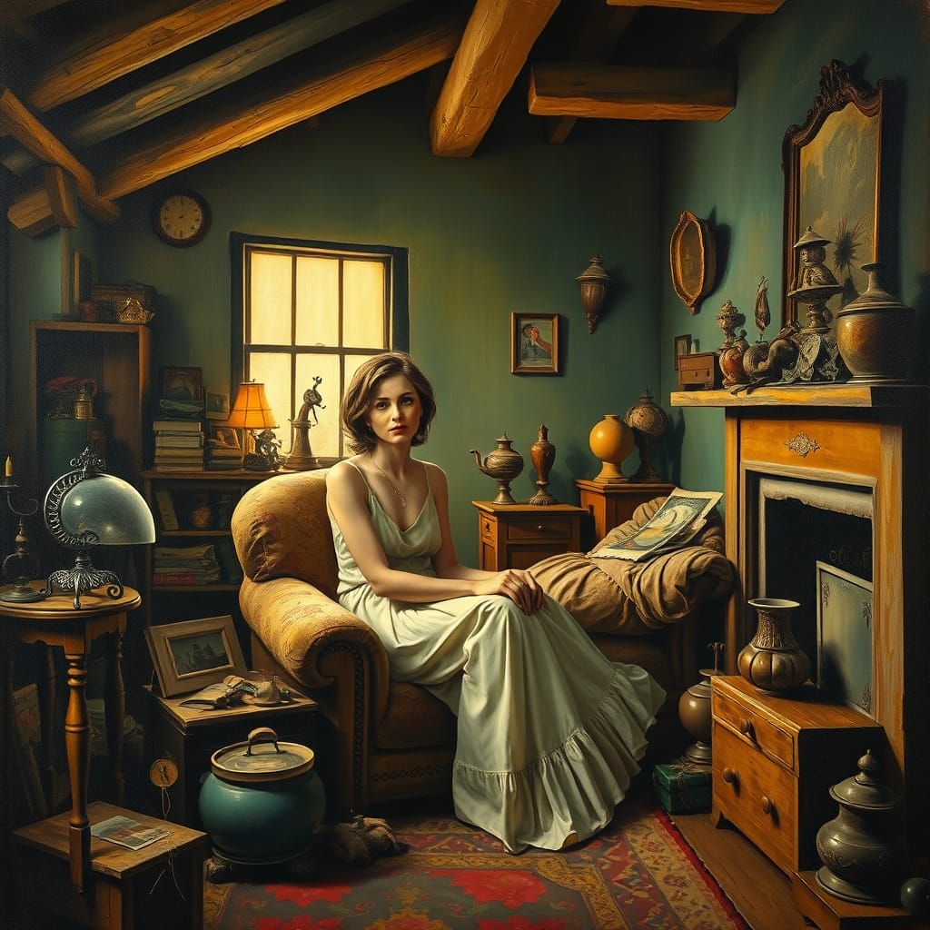 Dreamlike Attic Scene in Surrealist Style