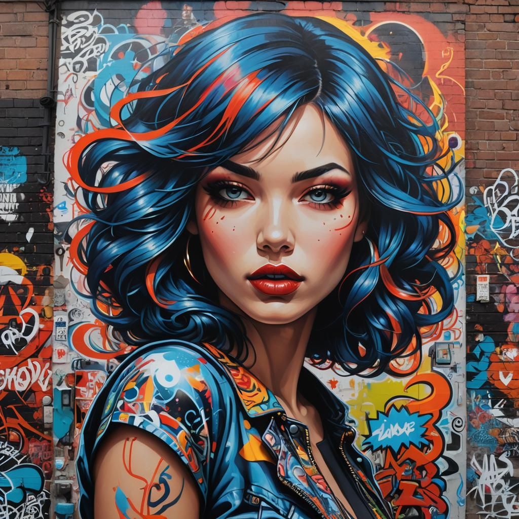 Neon Graffiti Woman in Electric Blue Style