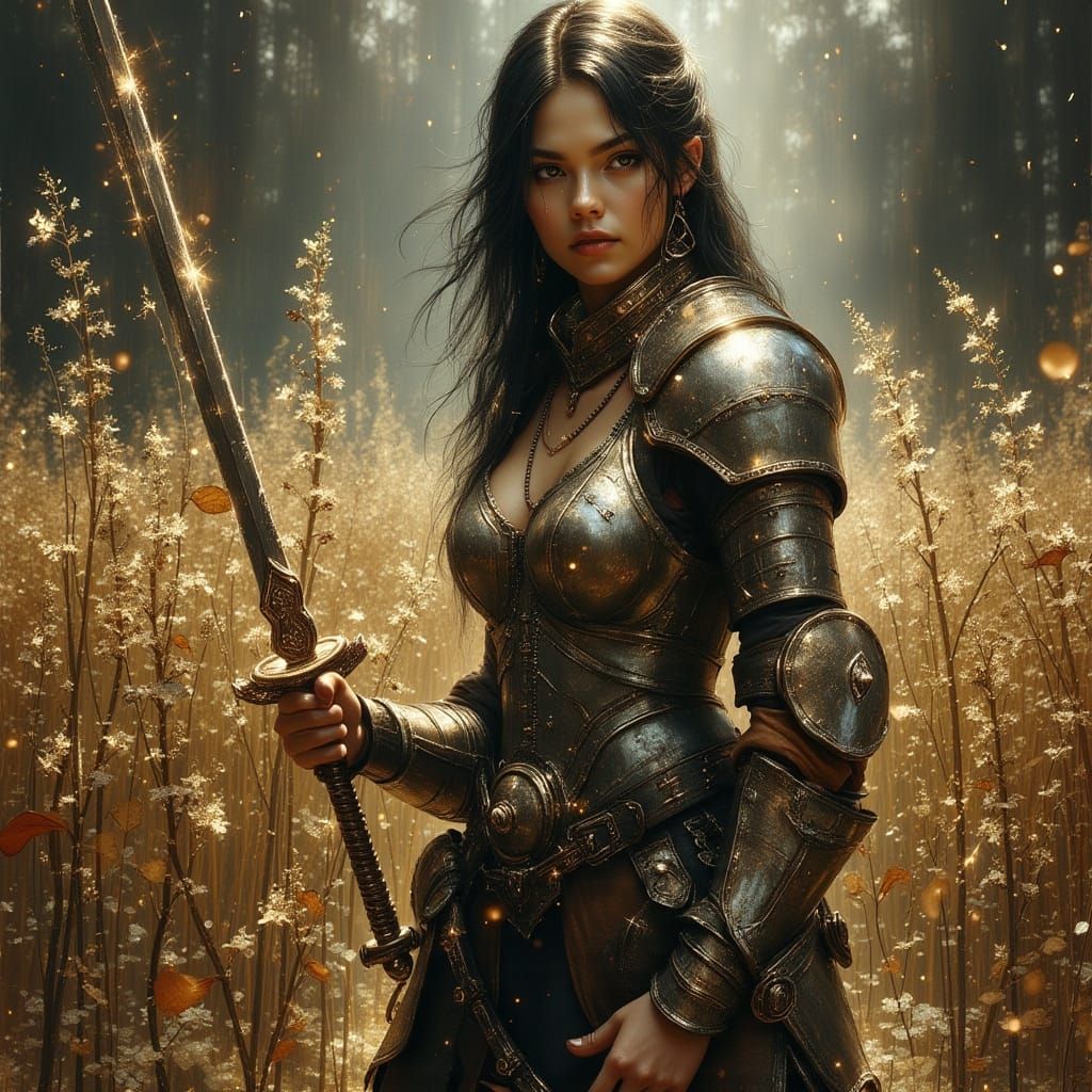Stoic Warrior Woman in Dark Fantasy Landscape