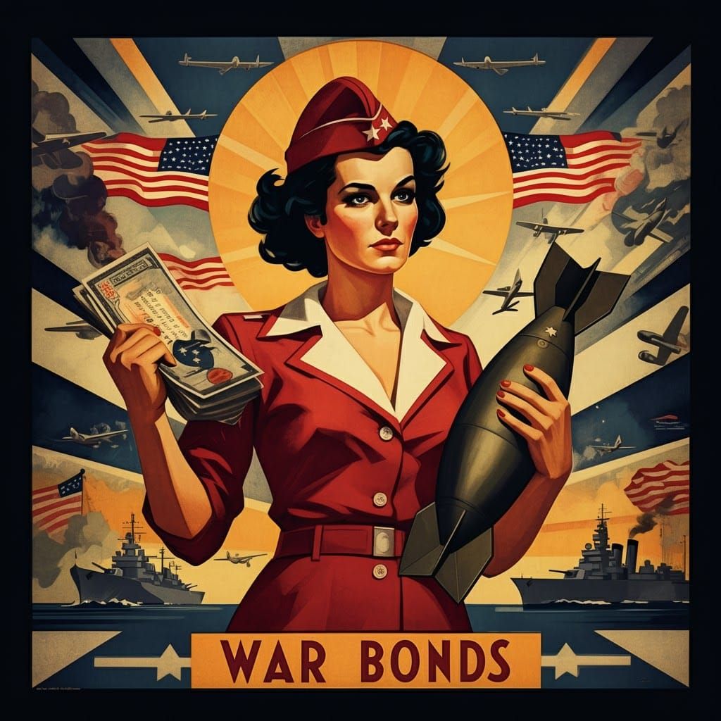 War Bonds Propaganda Poster in 1950s Art Deco Style