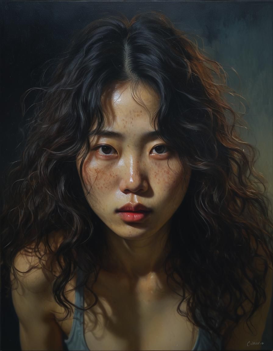 Korean Woman Doing Pushups as Baroque Oil Painting