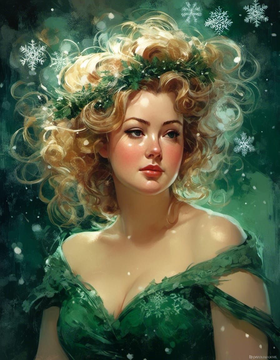 Curvy Blonde in Green Dress with Winter Aura