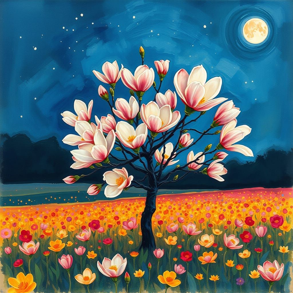 Surreal Watercolor Blooming Magnolia Tree at Night