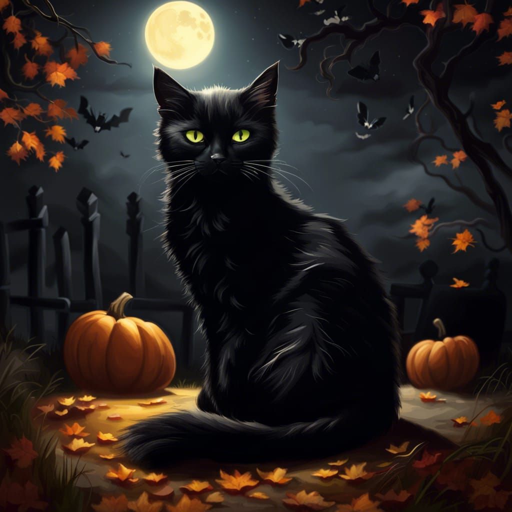 Halloween Black Cat in Moonlight