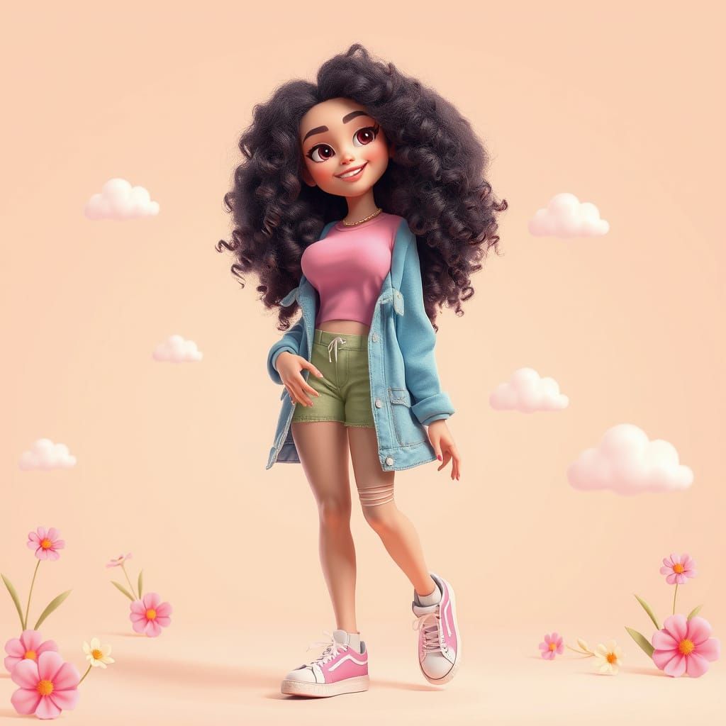 Cute Pastel 3D Woman with Curly Hair
