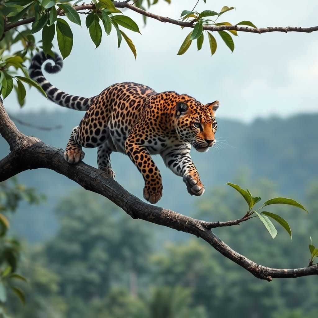 Clouded Leopard Leaps Through Jungle Canopy