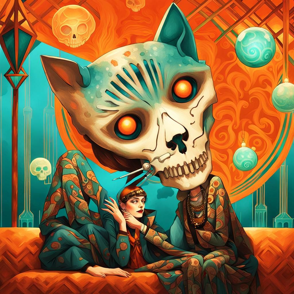 Art Deco Woman with Cat Skull in Liminal Space