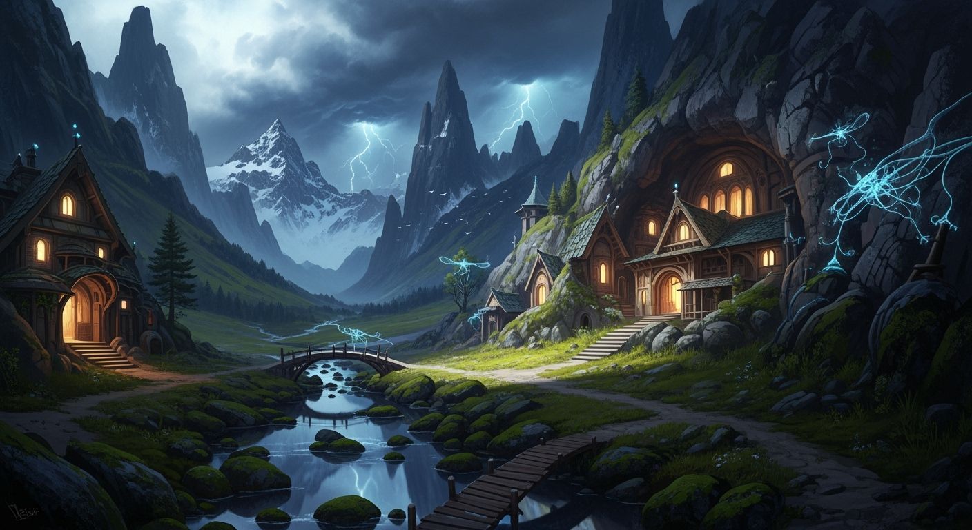 Ethereal Mountain Village in Valley with Approaching Storm