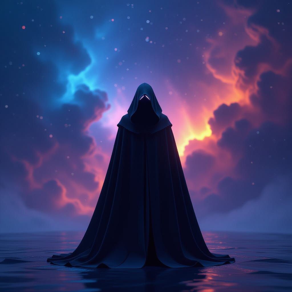 Cloaked Figure Silhouetted Against Nebula, in Gritty Style