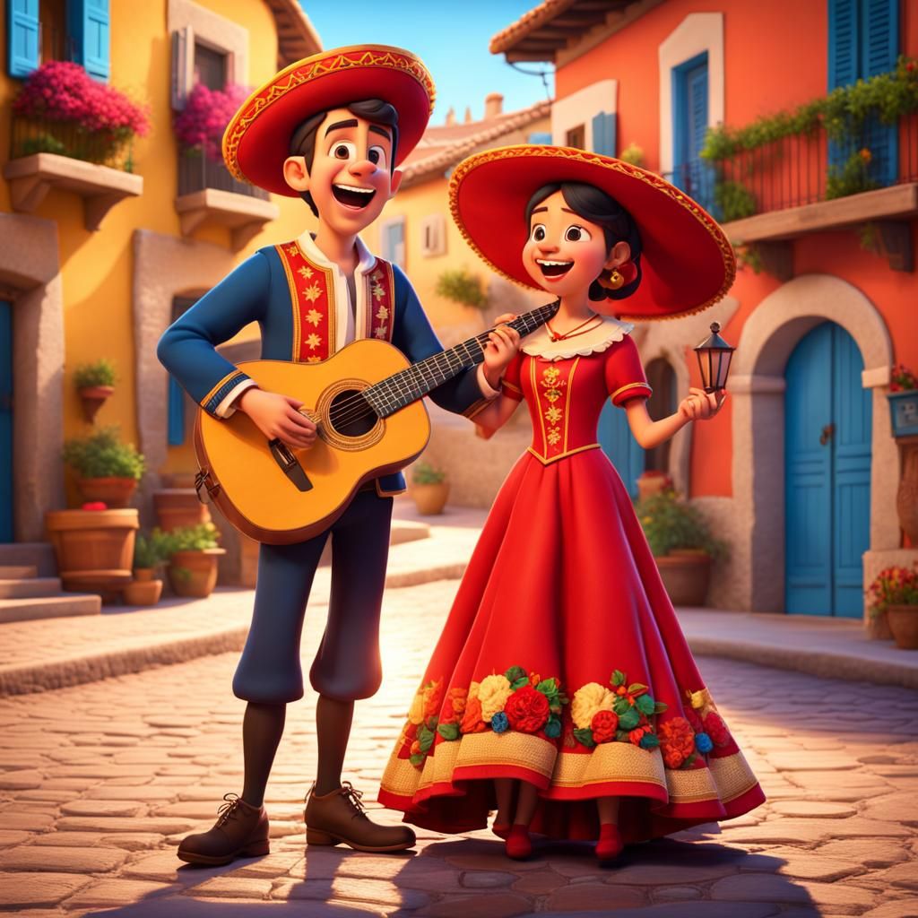 Happy Children Singing in Spanish Village: Pixar Style