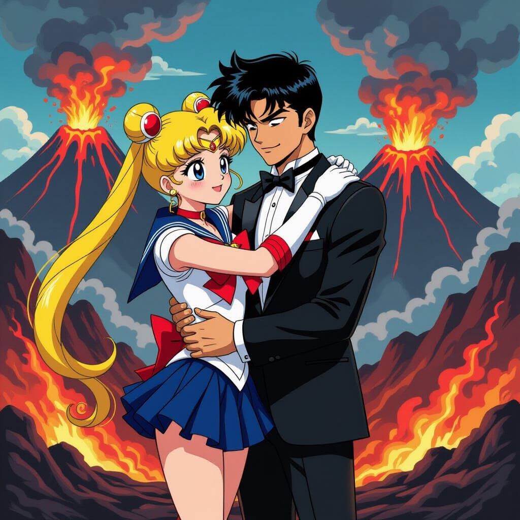 Sailor Moon and Mamoru Embrace Amidst Volcanic Eruption