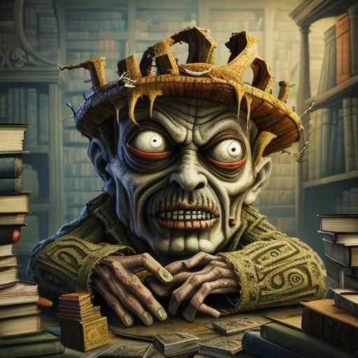 Disturbing Zombie Librarian in Art Brut Style