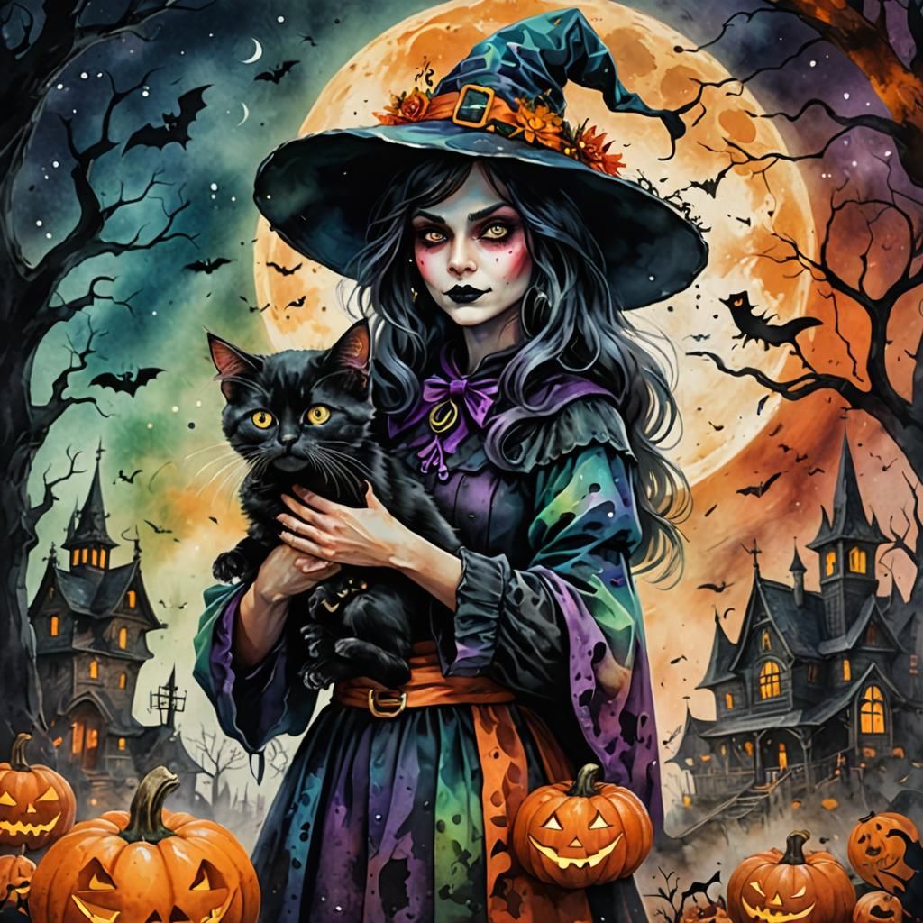 Halloween Witch and Kitten in Marbled Watercolor