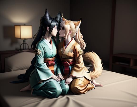 Kitsune Intimacy in Manga-Inspired 3D Rendering
