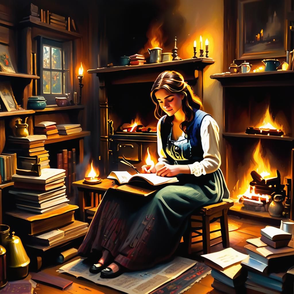 Cozy Rustic Interior with Woman by Stove in Oil Painting Sty...