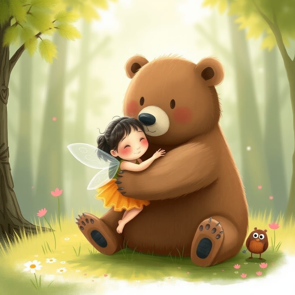 Whimsical Fairy Hugs a Giant Teddy Bear in Vintage Style
