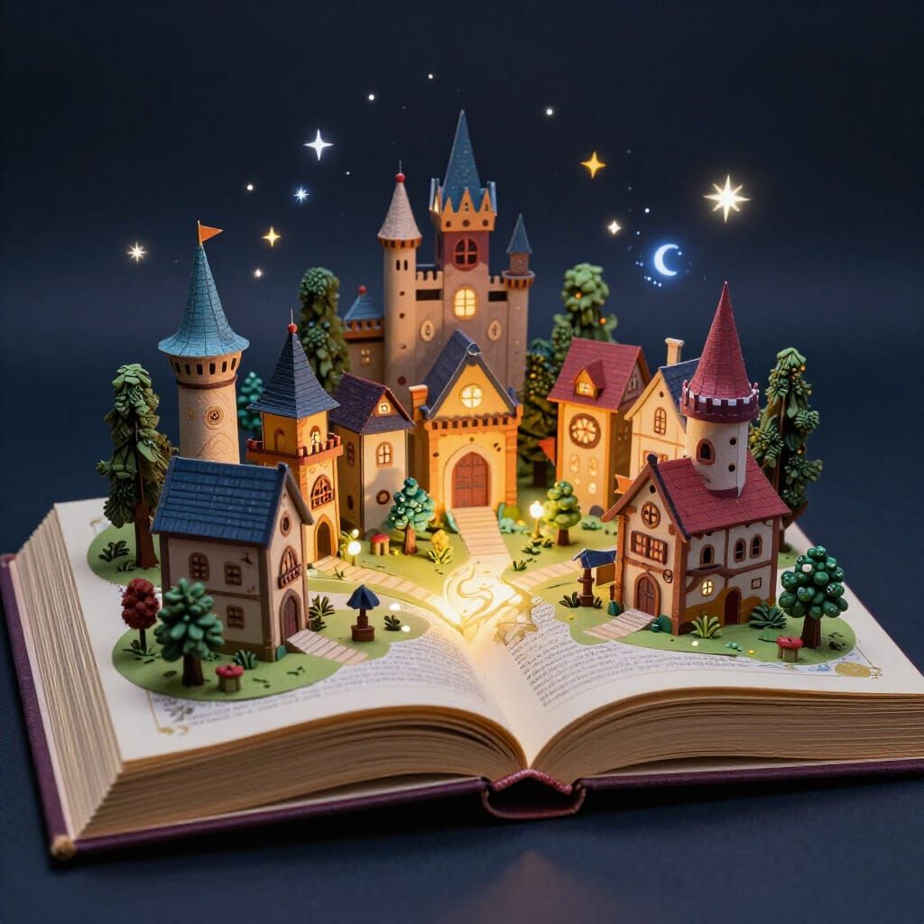 Magical Open Book Reveals 3D Fantasy Village Night Scene