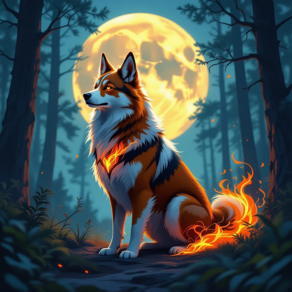 Majestic Phoenix Hound in Mystical Cyberpunk Forest