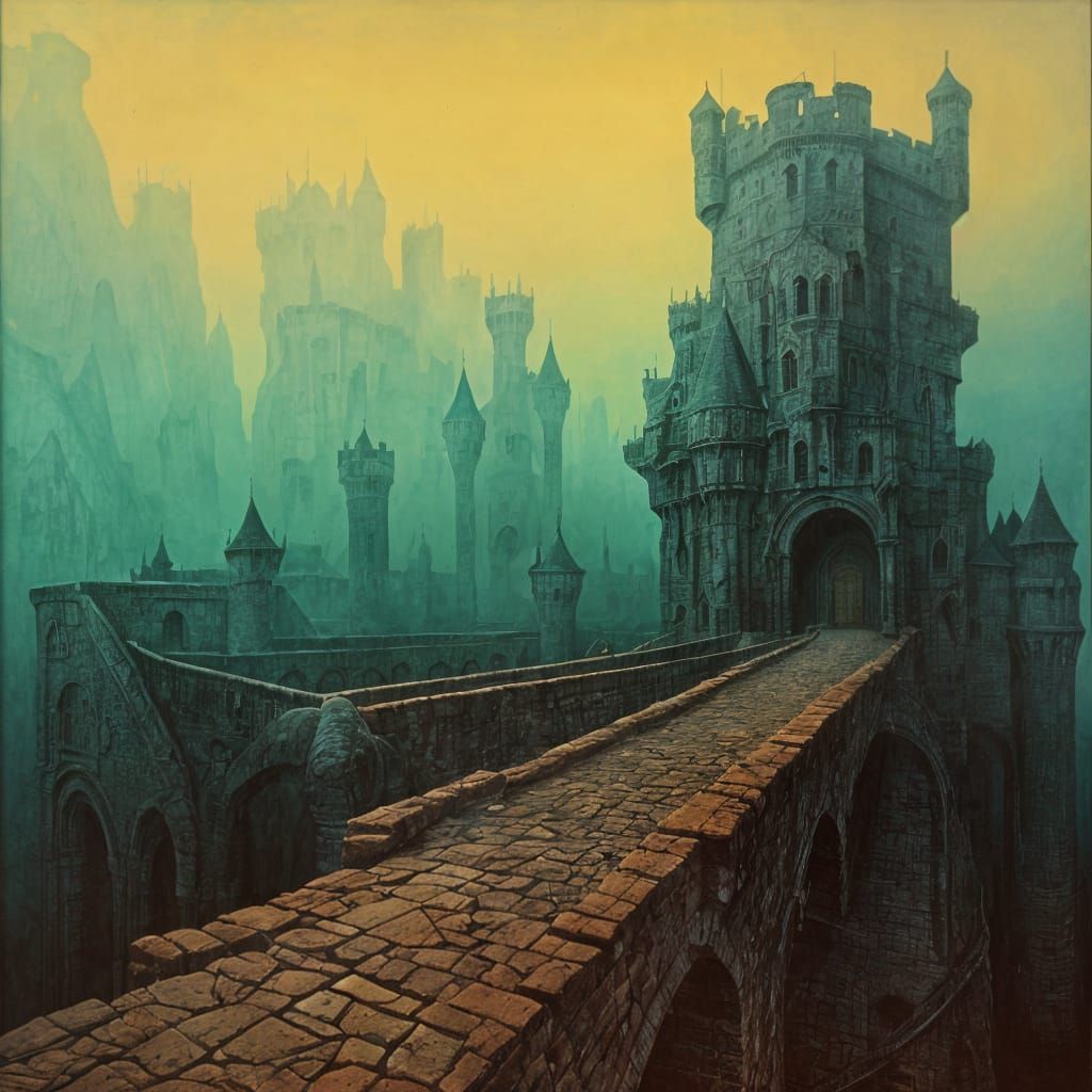 Surreal Castle with Drawbridges in Dreamlike Style