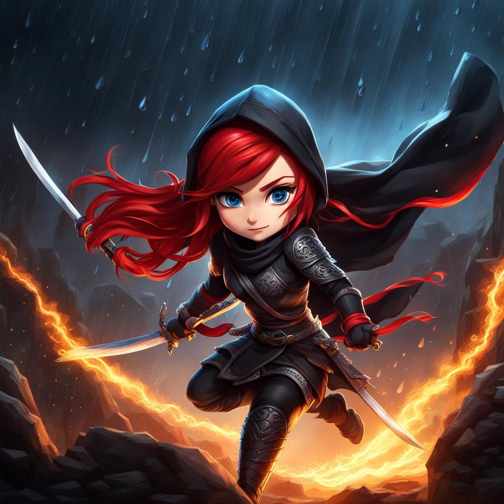 Red-Haired Ninja Woman in Chibi Pixar Style
