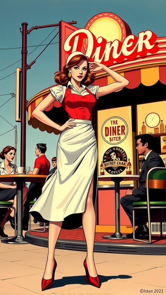 Waitress in Action Posing Outside a Retro Diner in Comic Boo...
