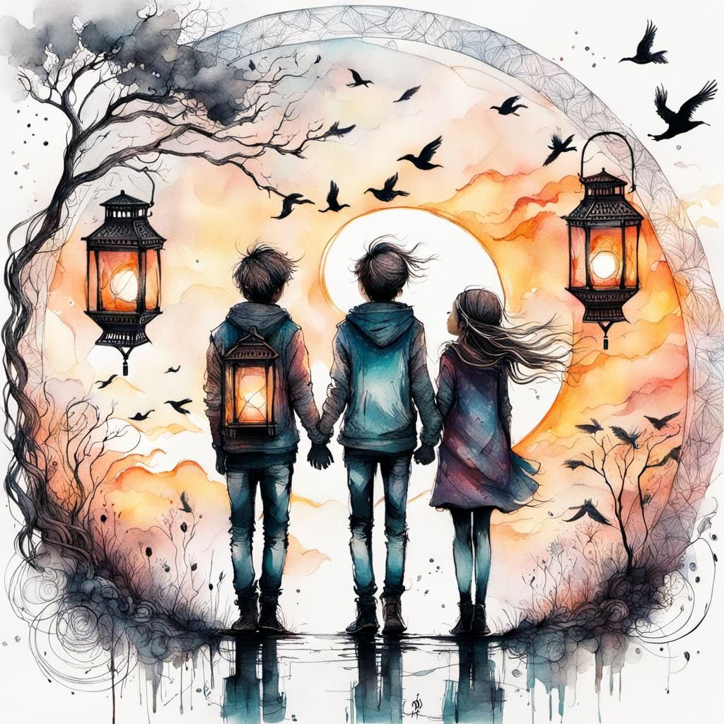 Whimsical Lantern Scene at Sunset in Zentangle Style