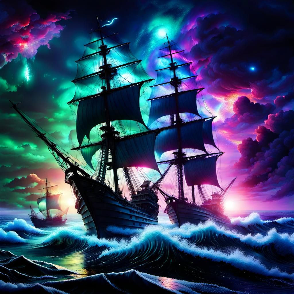 Pirate Ships Battle on Bioluminescent Galaxy Sea