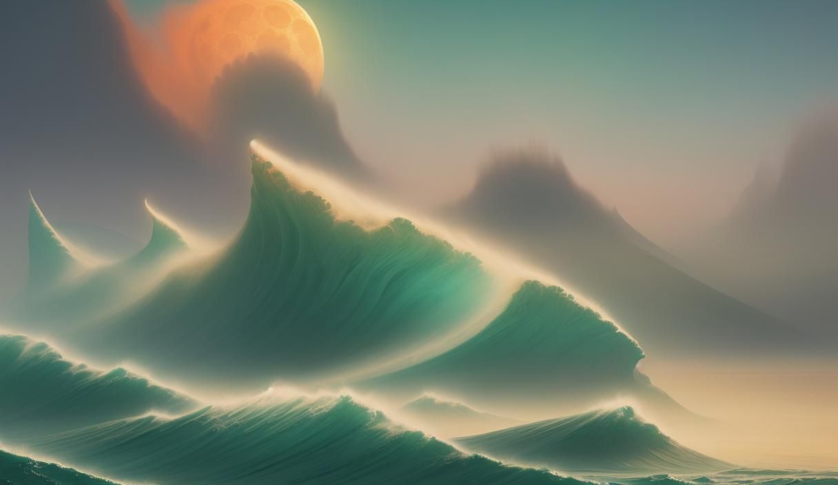 Sci-Fi Seascape: Moonlit Waves in a Colorful Sandstorm
