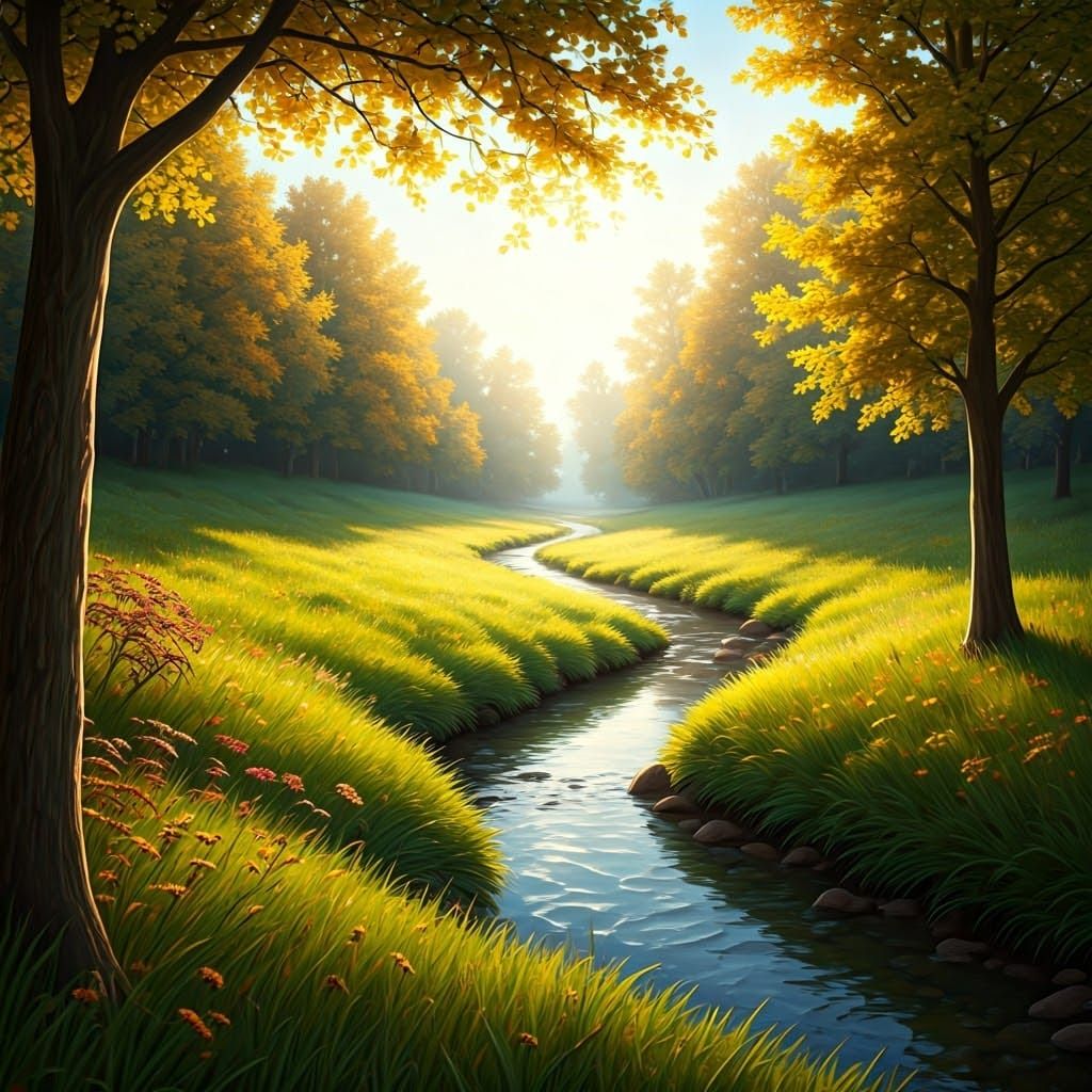 Autumn Meadow at Dawn in Romantic Impressionist Style