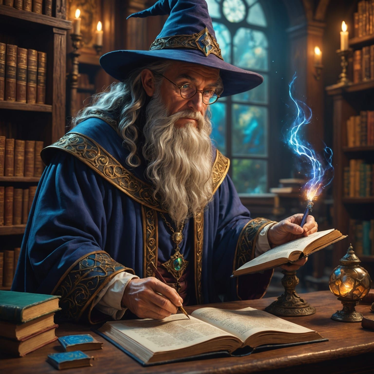Enchanted Library: Wizard Studies Magic in Hyperrealism