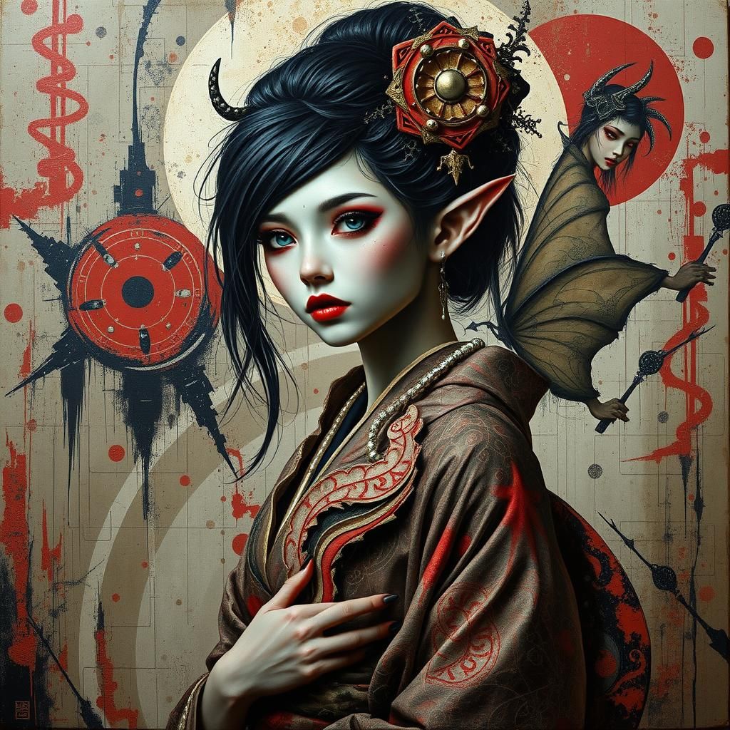 Geisha Fairy Elf in Dystopian Impasto Style