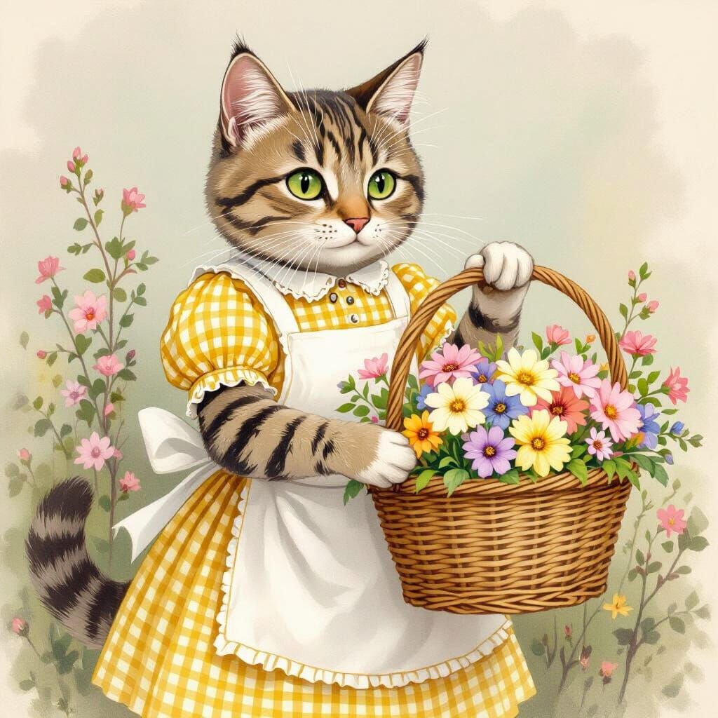 Anthropomorphic Cat with Flowers in Watercolor Style