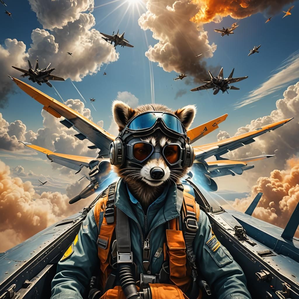 Raccoon Pilot Saluting in Dogfight, Digital Matte Painting