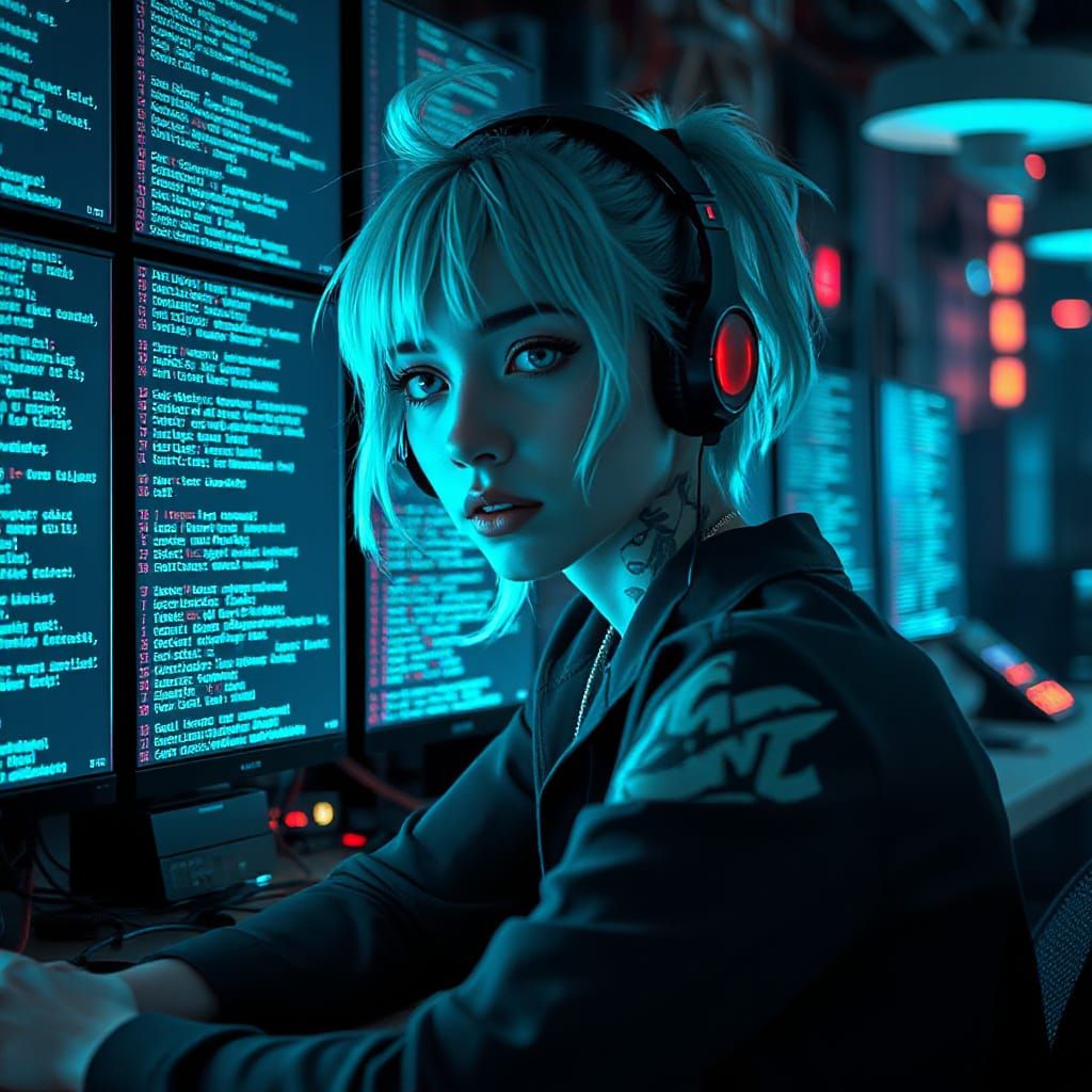 Cyberpunk Hacker with Turquoise Hair in Glowing Light