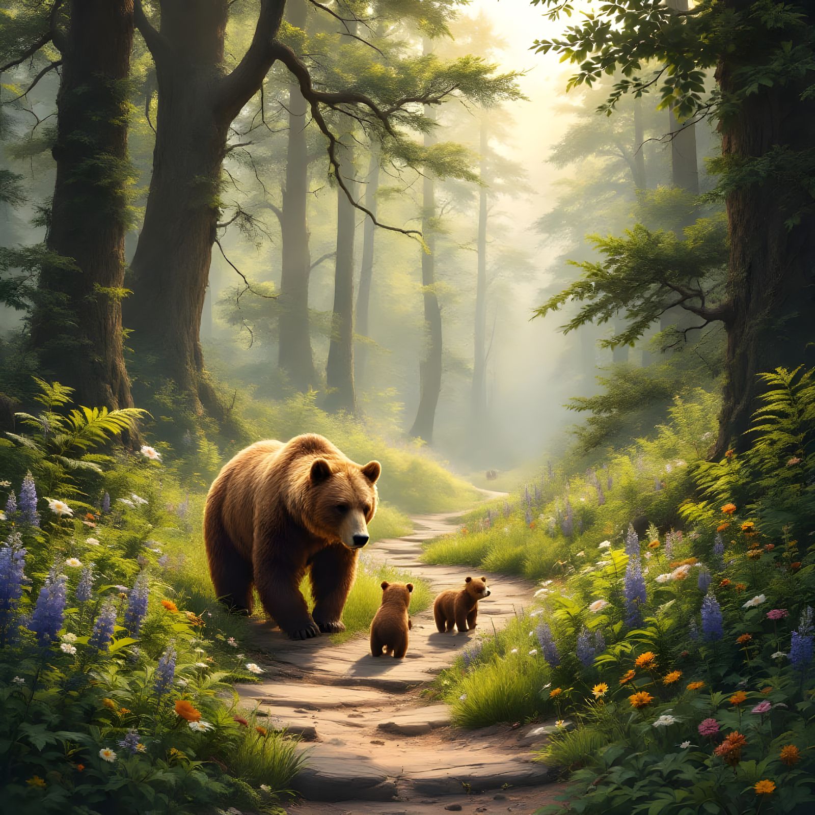 Hyper-Realistic Forest Hike with Majestic Brown Bear Family