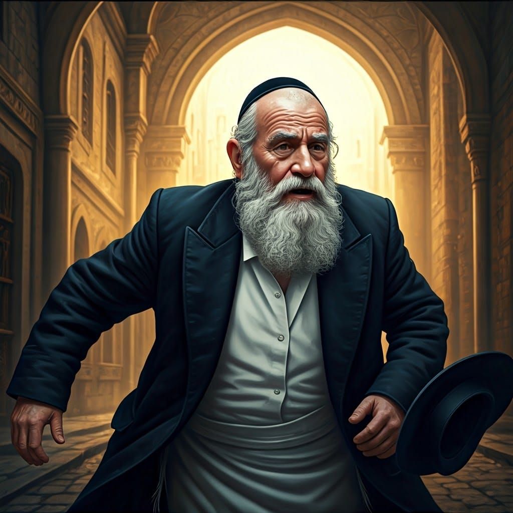 Hasidic Jewish Man in Fierce Run, Golden Light and Deep Colo...