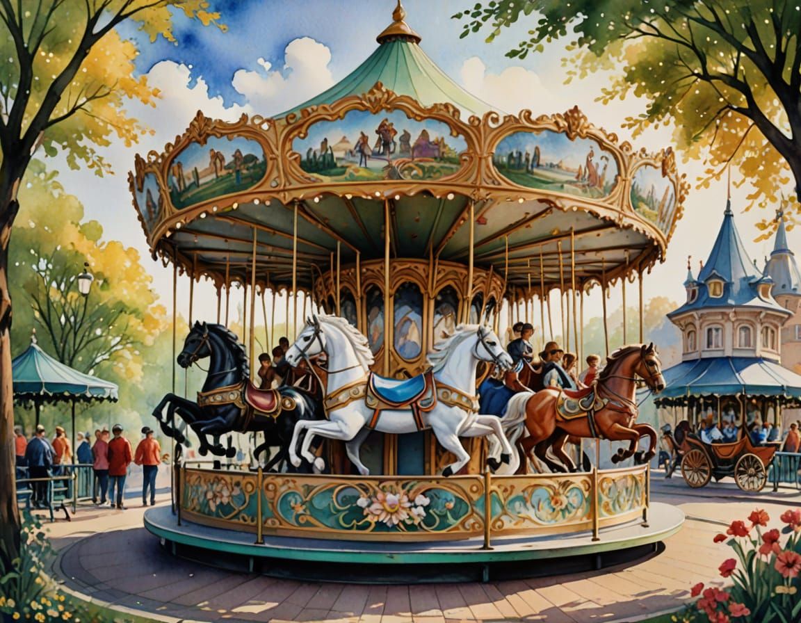 Art Nouveau Carousel Masterpiece in Watercolor