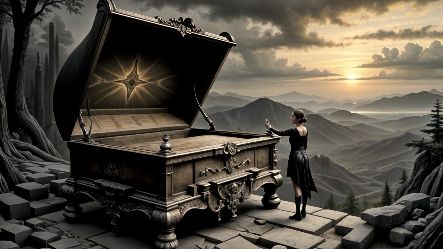 Musical Box with Miniature Demon in Charcoal Style