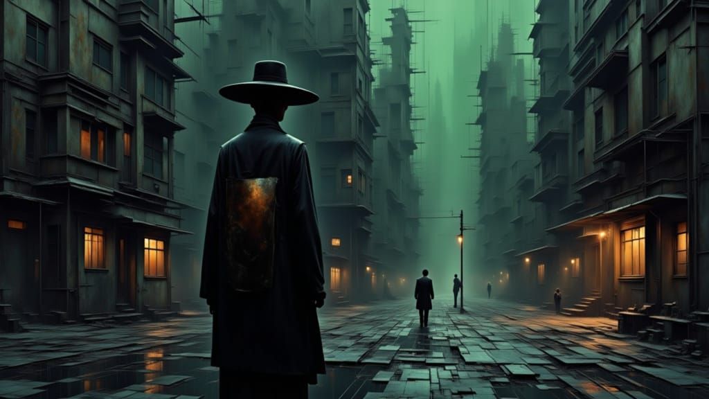 Figure in Unsettling Hyperdetailed Cityscape Concept Art
