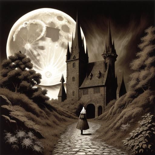 Eerie Sepia Fantasy Creature on Moonlit Path