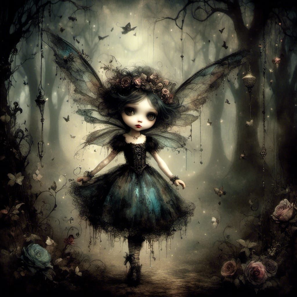 Dark Goth Pixie in Windy Forest, Tim Burton Style