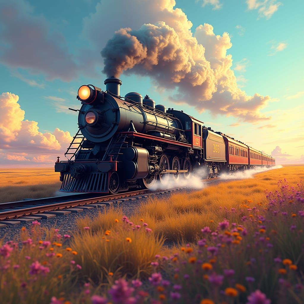 Hyperrealistic Train Speeding Through Colorful Landscape